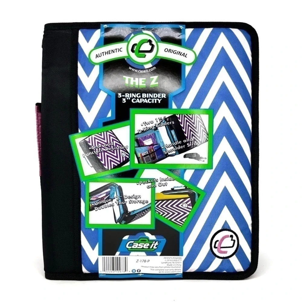 Case-It “The Z” Dual Three Ring Zip Binder Blue & White Chevron Handle Strap NWT